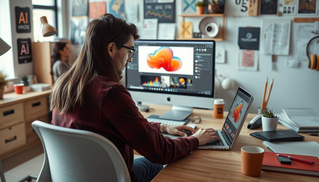 Generate an image of a graphic designer using Adobe Creative Cloud on a laptop.