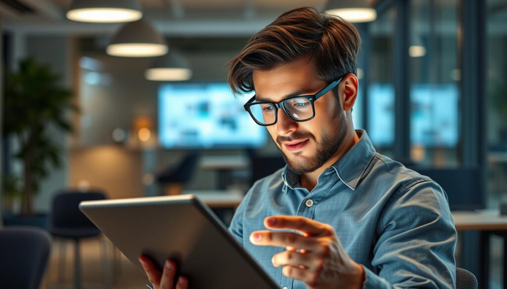 Generate an image of a marketer using an AI tool on a tablet.