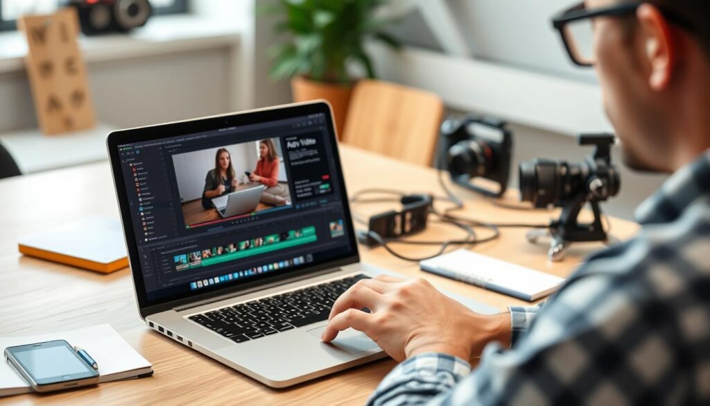 Generate an image of a person creating video content using a popular video editing software.