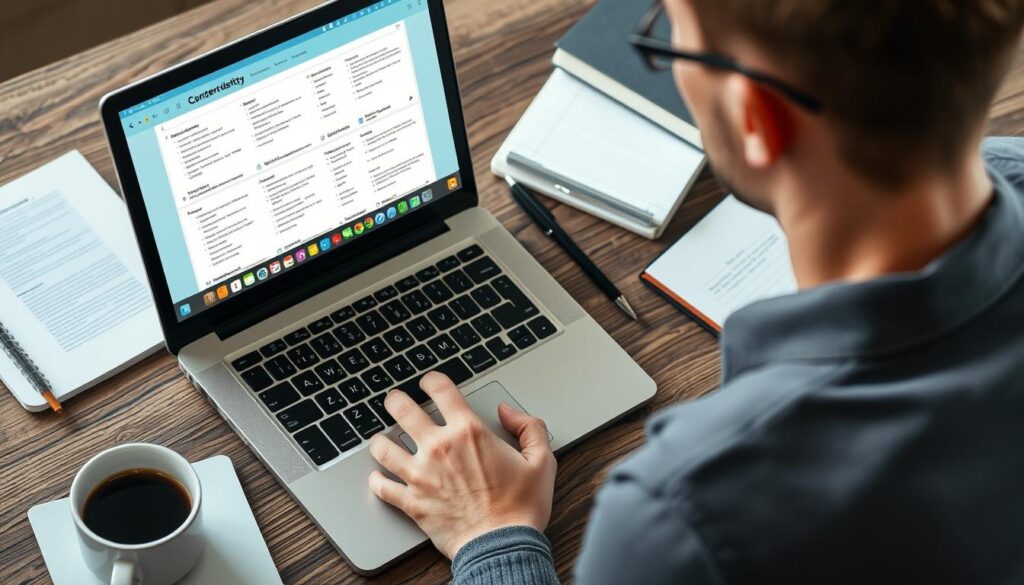 Generate an image of a person evaluating different educational content writing services on a laptop.