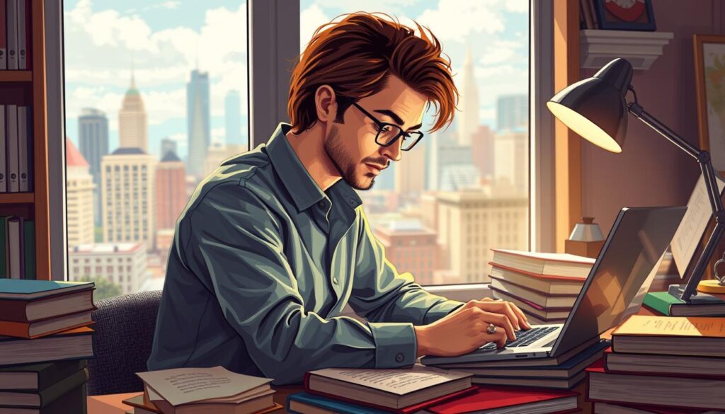 Generate an image of a professional blog writer at work, surrounded by books and a laptop, with a cityscape in the background.