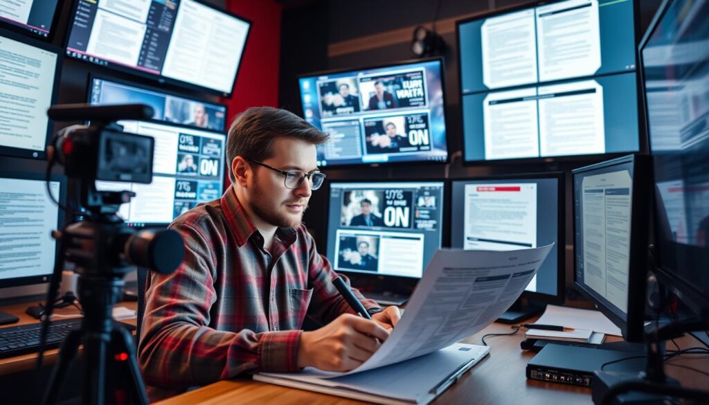 Generate an image of a professional scriptwriter at work, surrounded by screens and video production equipment.