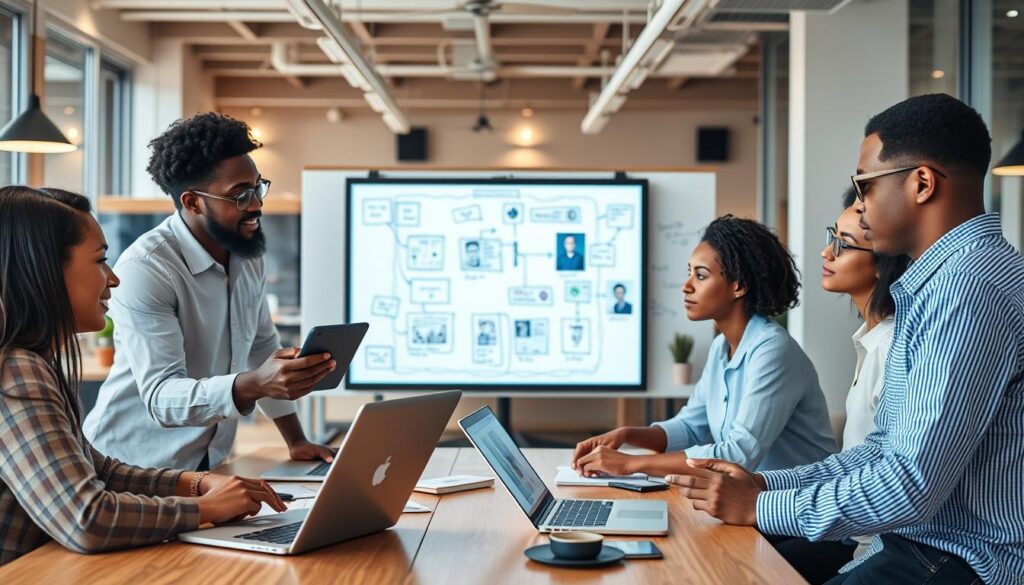 Generate an image of a team collaborating using various content creation tools