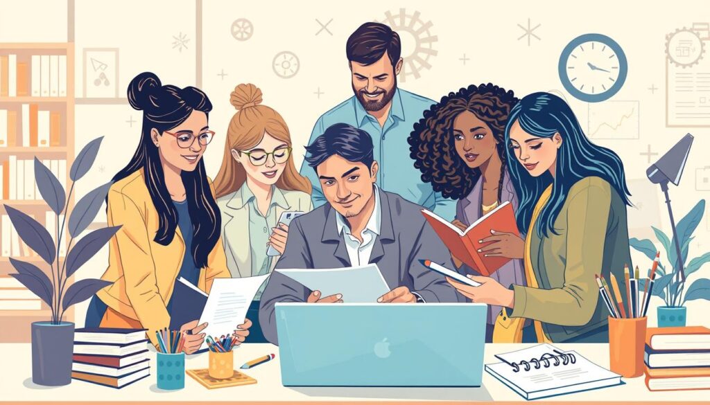 Generate an image of a team of professional writers working together, with a subtle background hinting at various industries.
