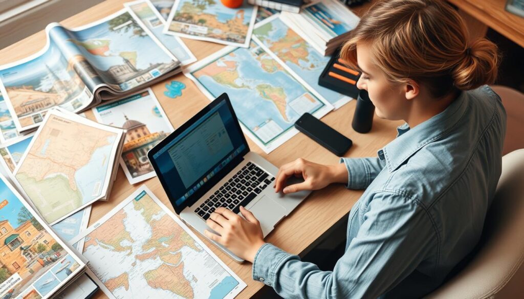 Generate an image of a travel writer sitting at a desk with a laptop, surrounded by travel brochures and maps.