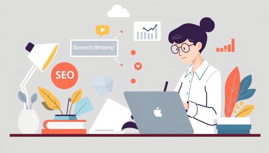 Generate an image representing the concept of SEO content writing services, such as a writer creating optimised content on a computer.