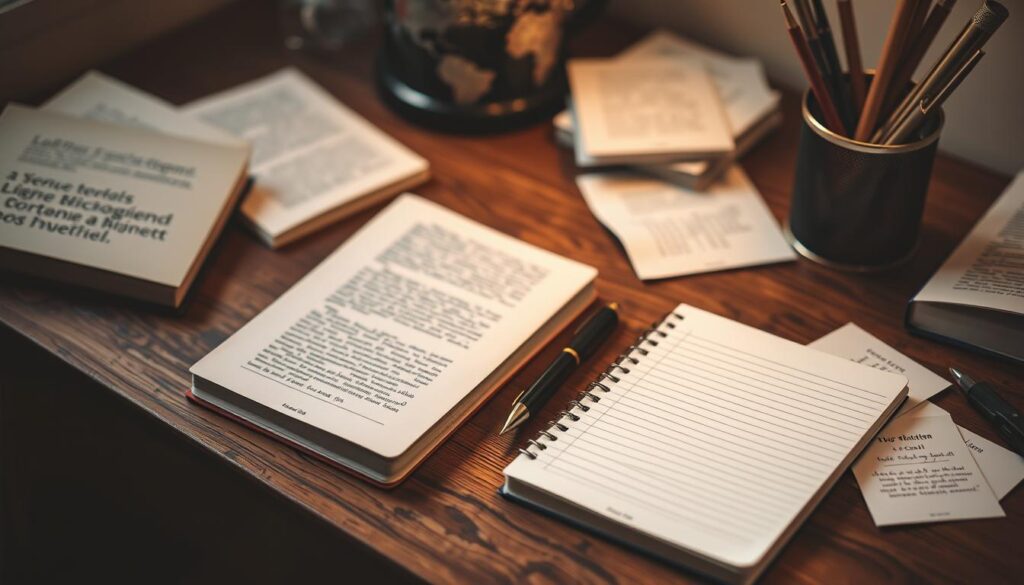 Generate an image representing the concept of ghostwriting services, such as a writer's desk with a notebook and pen, symbolizing the creation of content.