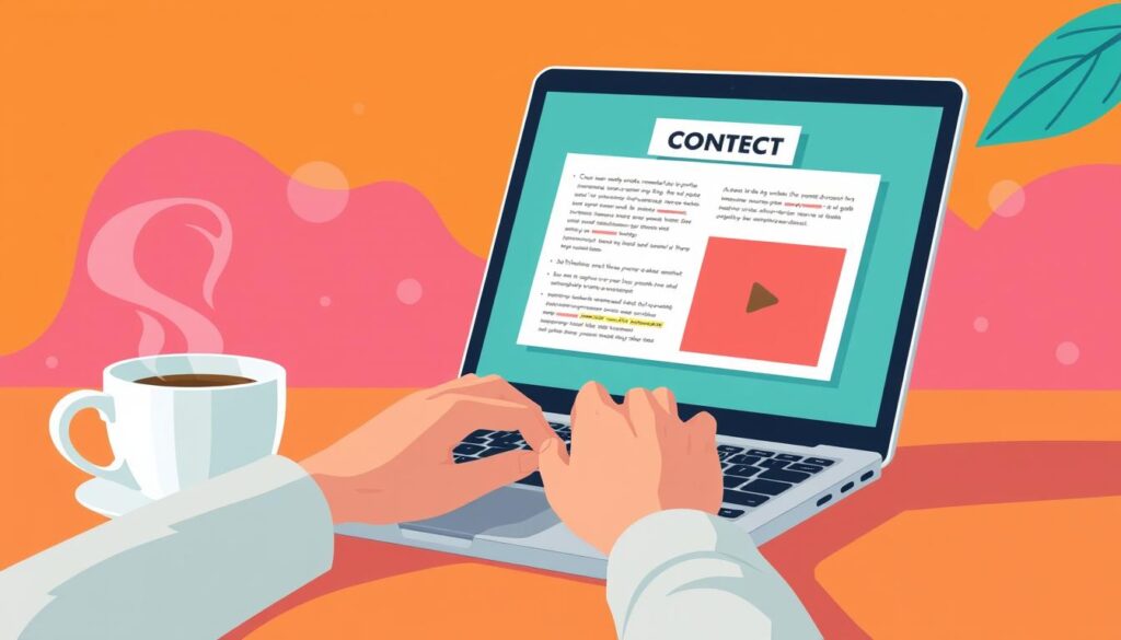 Generate an image representing the concept of website content creation, including elements like a person writing on a laptop, a blog post on a screen, and a cup of coffee nearby.