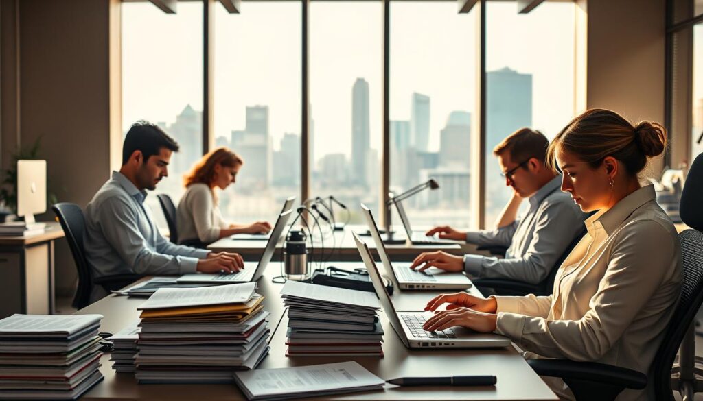 High-resolution image of a team of diligent financial writers seated at their desks, focused on their work. The foreground features the writers, meticulously typing on their laptops, surrounded by stacks of financial reports and reference materials. The middle ground showcases a well-organized office space with modern ergonomic furniture and a neutral color palette, creating a productive and professional atmosphere. The background subtly depicts the city skyline through large windows, suggesting the writers' connection to the financial world. Warm, natural lighting illuminates the scene, highlighting the writers' dedication and expertise. The overall mood conveys a sense of intellectual rigor, attention to detail, and a commitment to providing accurate and insightful financial content.
