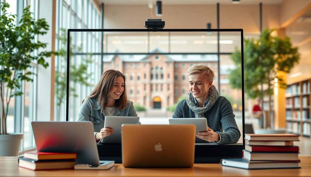 Image generation prompt: a student and tutor in a virtual meeting, with a university campus in the background.