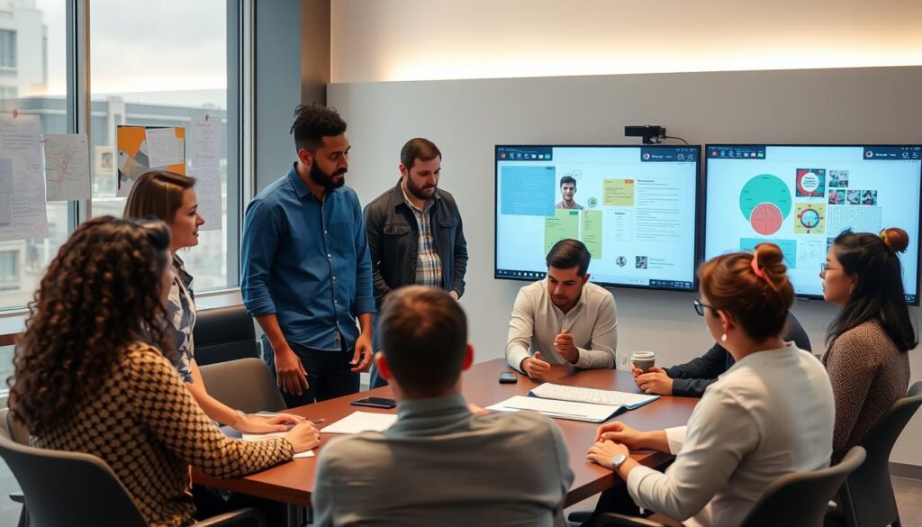 Image of a collaborative workspace with professionals discussing white paper content