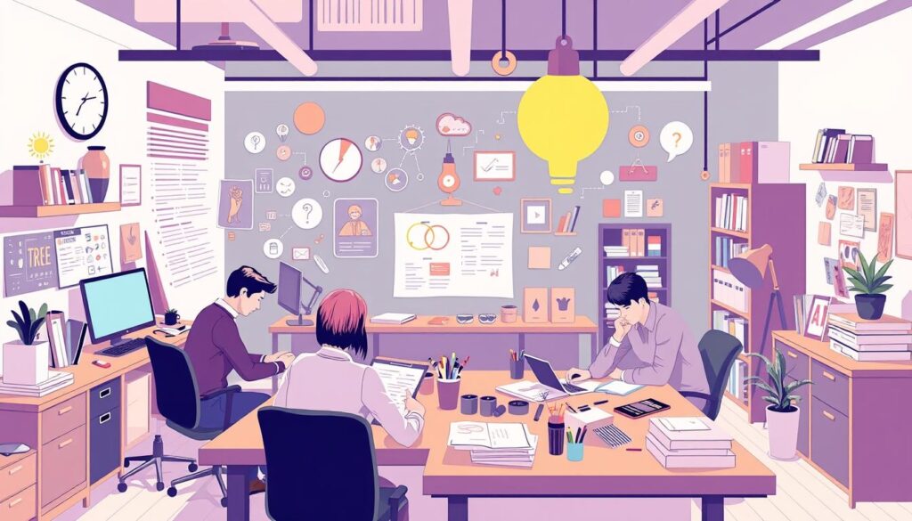 Image of a creative workspace with copywriters brainstorming ideas