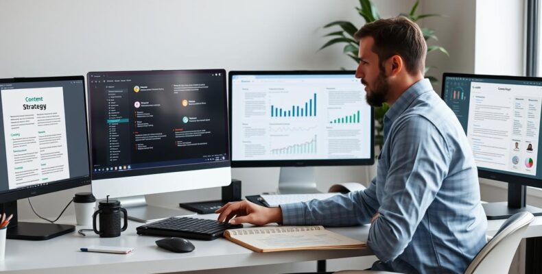 Professional content writer working on laptop with content strategy documents