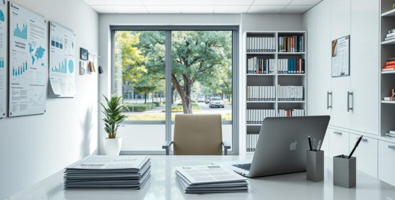 a beautifully lit and detailed medical office interior, with a large desk in the foreground featuring a laptop, stacks of documents, and a pen holder. Behind the desk, a comfortable chair and a wall-mounted display showcasing various healthcare infographics. In the middle ground, bookshelves filled with medical reference books and journals, and a window overlooking a lush, tree-lined street. The overall atmosphere is professional, serene, and conducive to thoughtful, high-quality content writing for the healthcare industry.