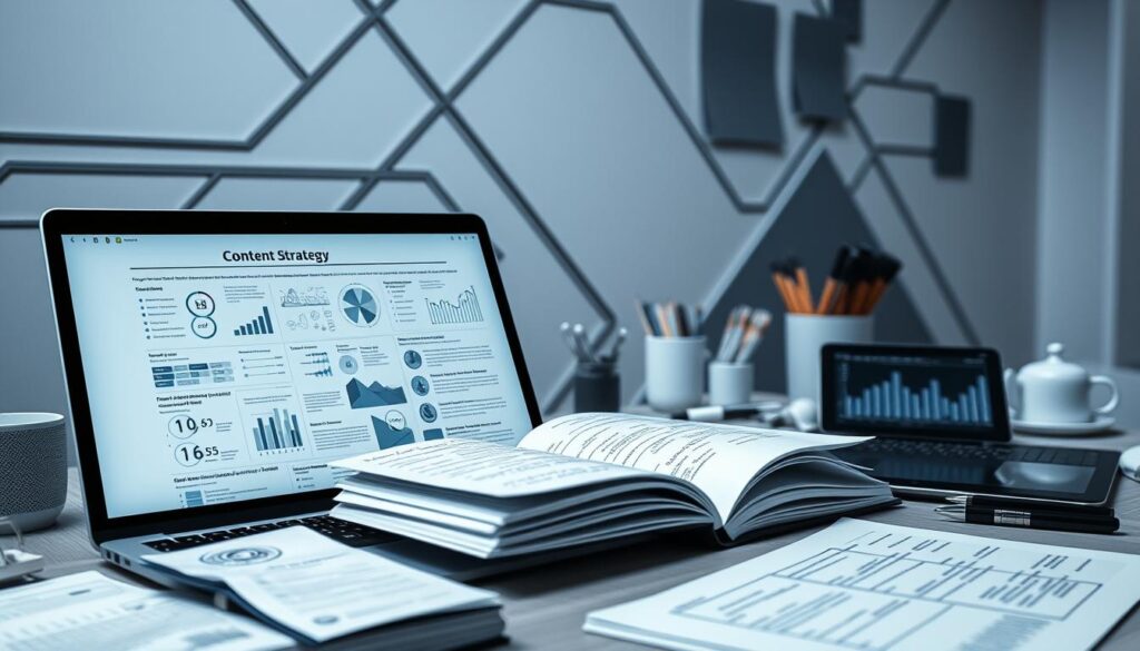 a detailed technical scene depicting a content strategy for digital technology industries, with a sleek and modern aesthetic. in the foreground, a laptop screen displays a comprehensive content plan, filled with charts, graphs, and bullet points. on the desk, an open notebook with hand-written notes and sketches. in the middle ground, various office supplies and a tablet device showcasing web analytics. the background features a minimalist wall decor, comprised of geometric shapes and lines in shades of gray, conveying a sense of order and structure. the overall lighting is soft and even, with a cool color palette that enhances the technical and analytical nature of the scene. the composition is balanced and visually appealing, highlighting the importance of strategic content development in the digital age.