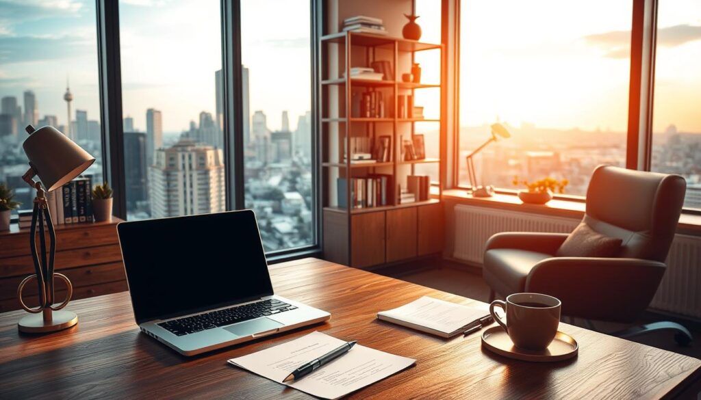 a professional real estate office with a cozy, inviting atmosphere. The foreground features a wooden desk with a laptop, pen, and notepad, along with a cup of coffee. The middle ground showcases a stylish bookshelf filled with real estate-related books and decorative elements. The background depicts a large window overlooking a picturesque cityscape, bathed in warm, natural lighting. The overall scene conveys a sense of expertise, attention to detail, and a commitment to providing exceptional real estate content writing services.